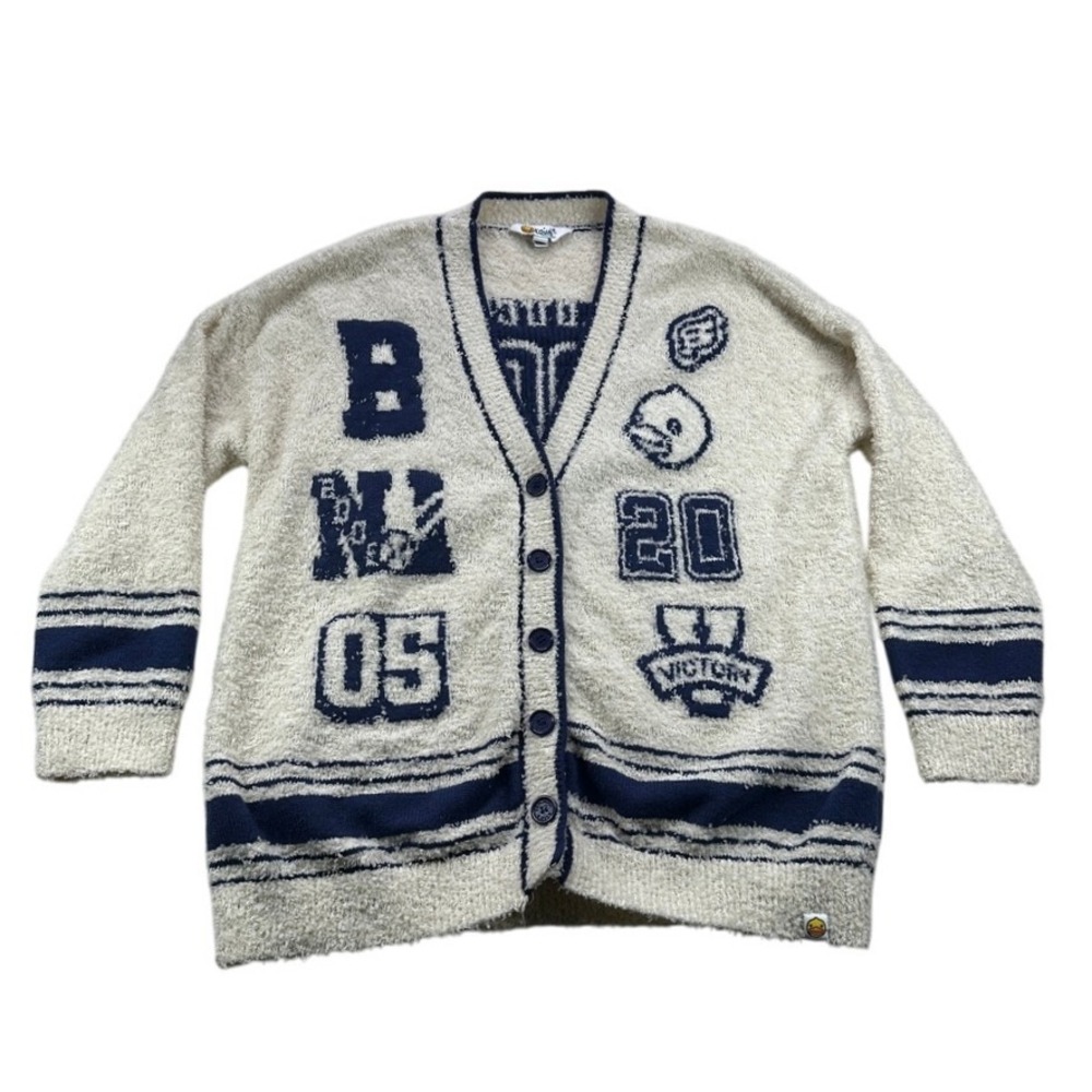 B Duck Teens Fuzzy Cardigan Sweater Cream Blue Varsity Y2K Graphic‎ Size Medium